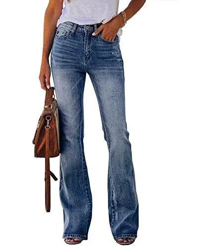 Koinshha Womens High Waisted Jeans Flare Stretch Boyfriend Casual Bootcut Denim Pants Blue - Bona Fide Fashion