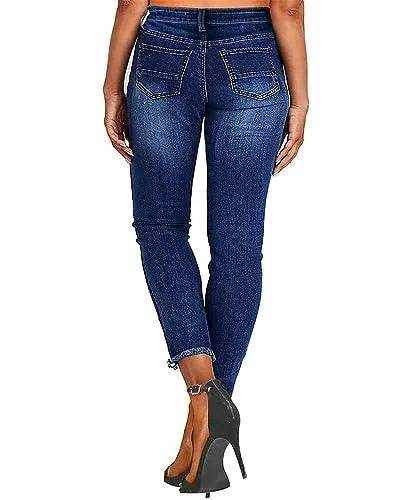 KUNMI Women's Mid Waisted Skinny Ripped Jeans Slim Fit Distressed Stretchy Denim Pants - Bona Fide Fashion