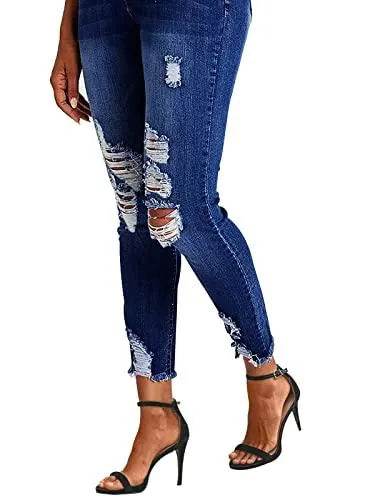 KUNMI Women's Mid Waisted Skinny Ripped Jeans Slim Fit Distressed Stretchy Denim Pants - Bona Fide Fashion
