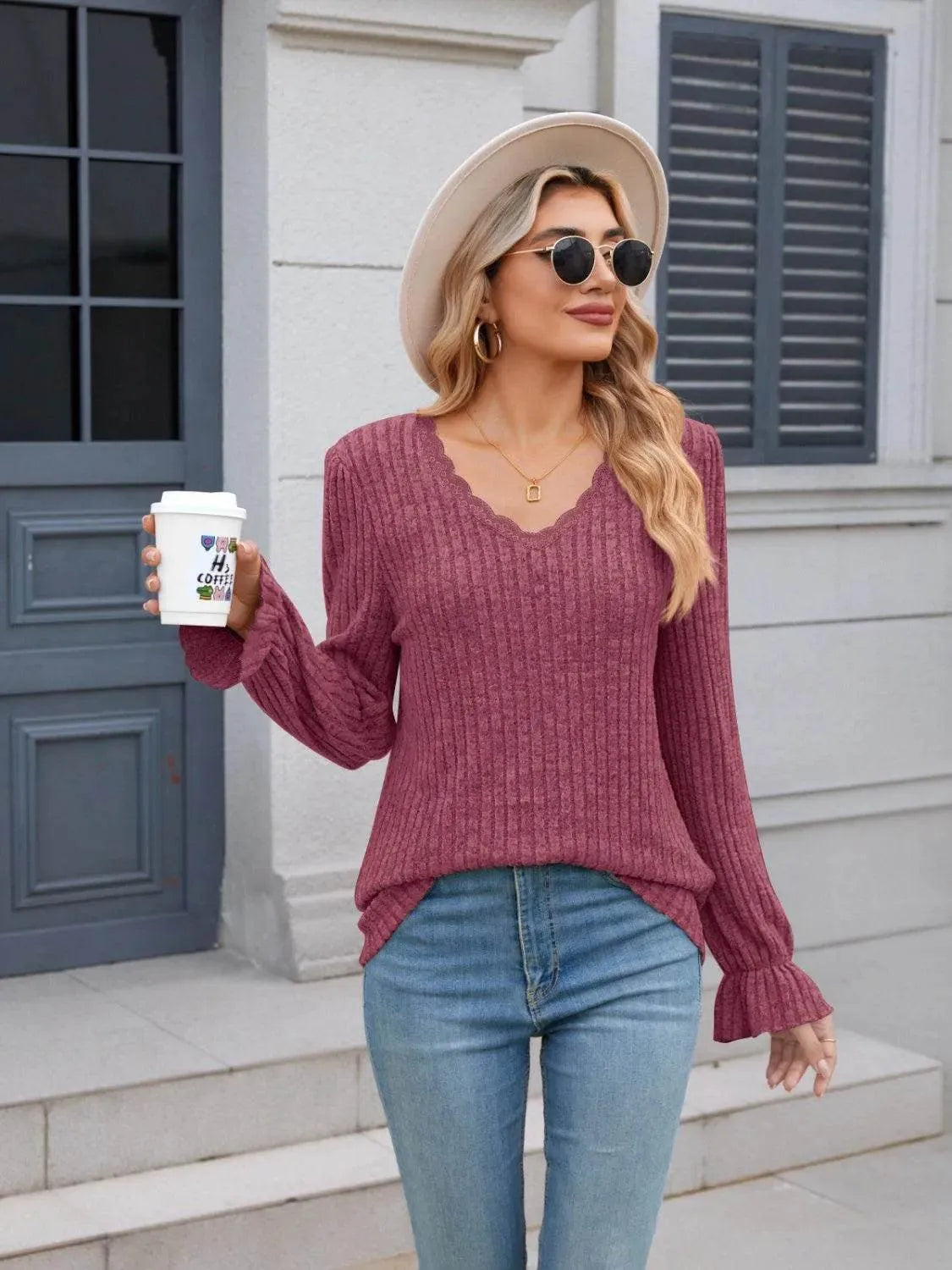 Lace Detail V-Neck Long Sleeve T-Shirt - Bona Fide Fashion