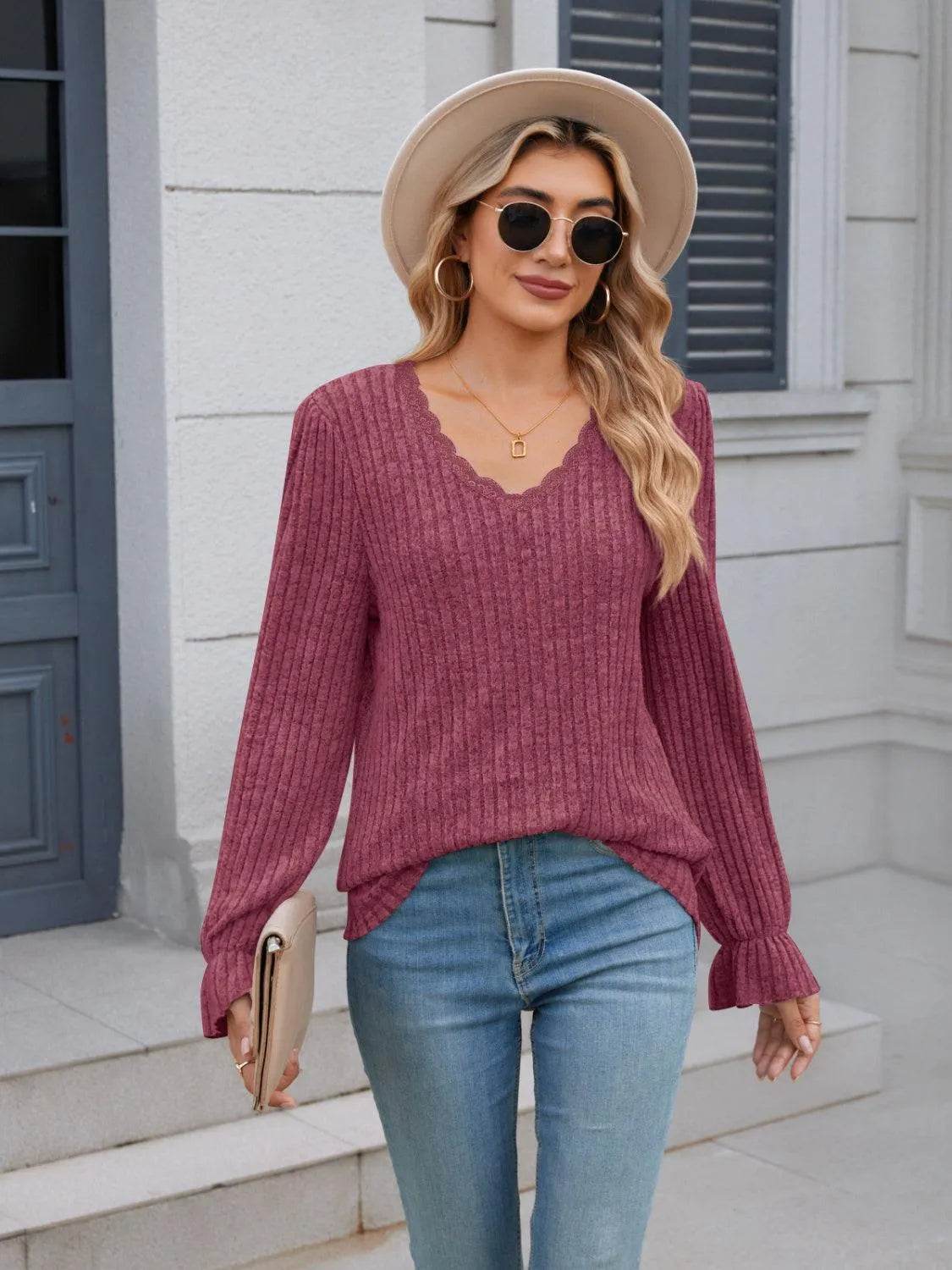 Lace Detail V-Neck Long Sleeve T-Shirt - Bona Fide Fashion
