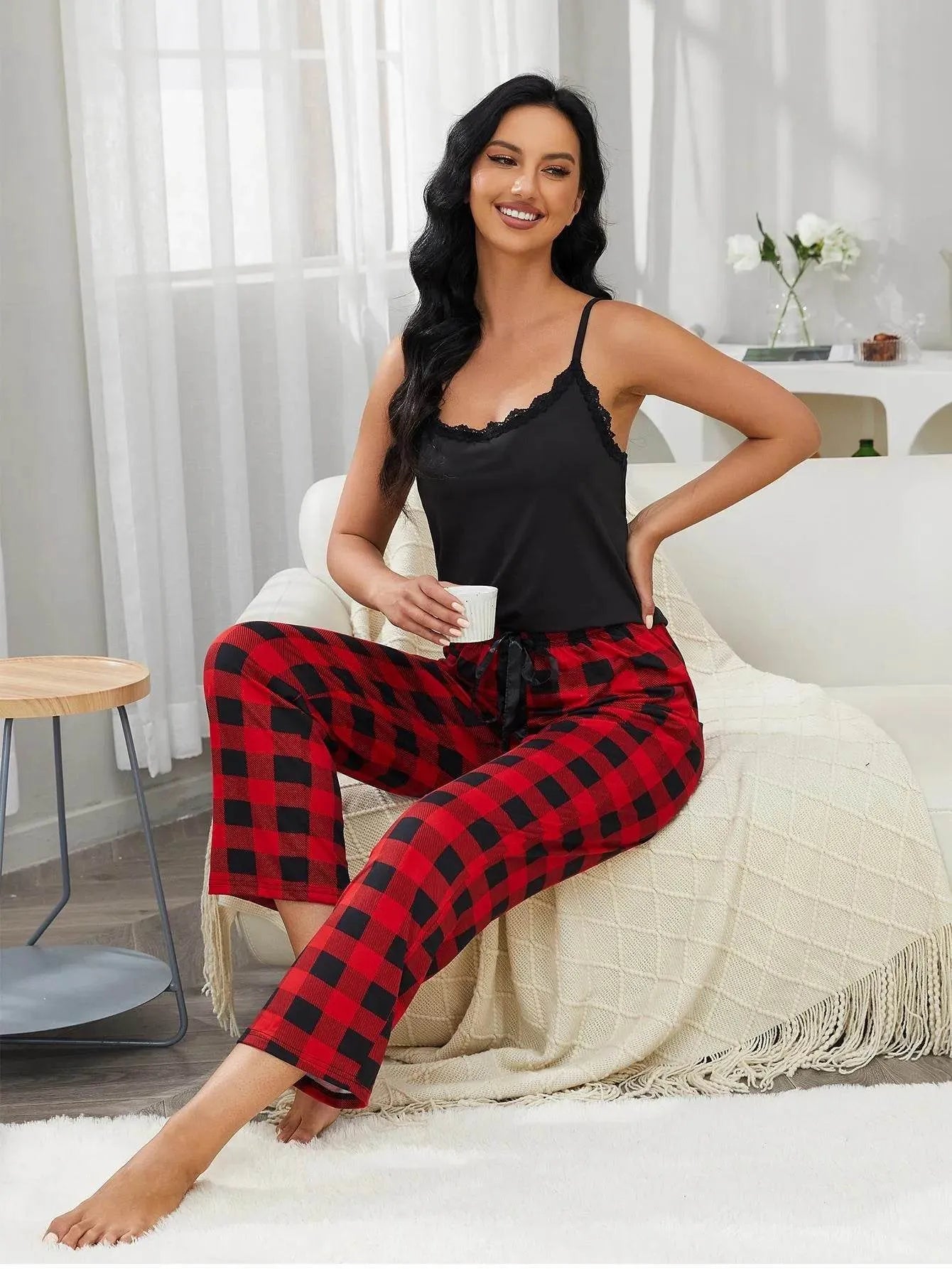 Lace Trim and Plaid Pants Lounge Set - Bona Fide Fashion