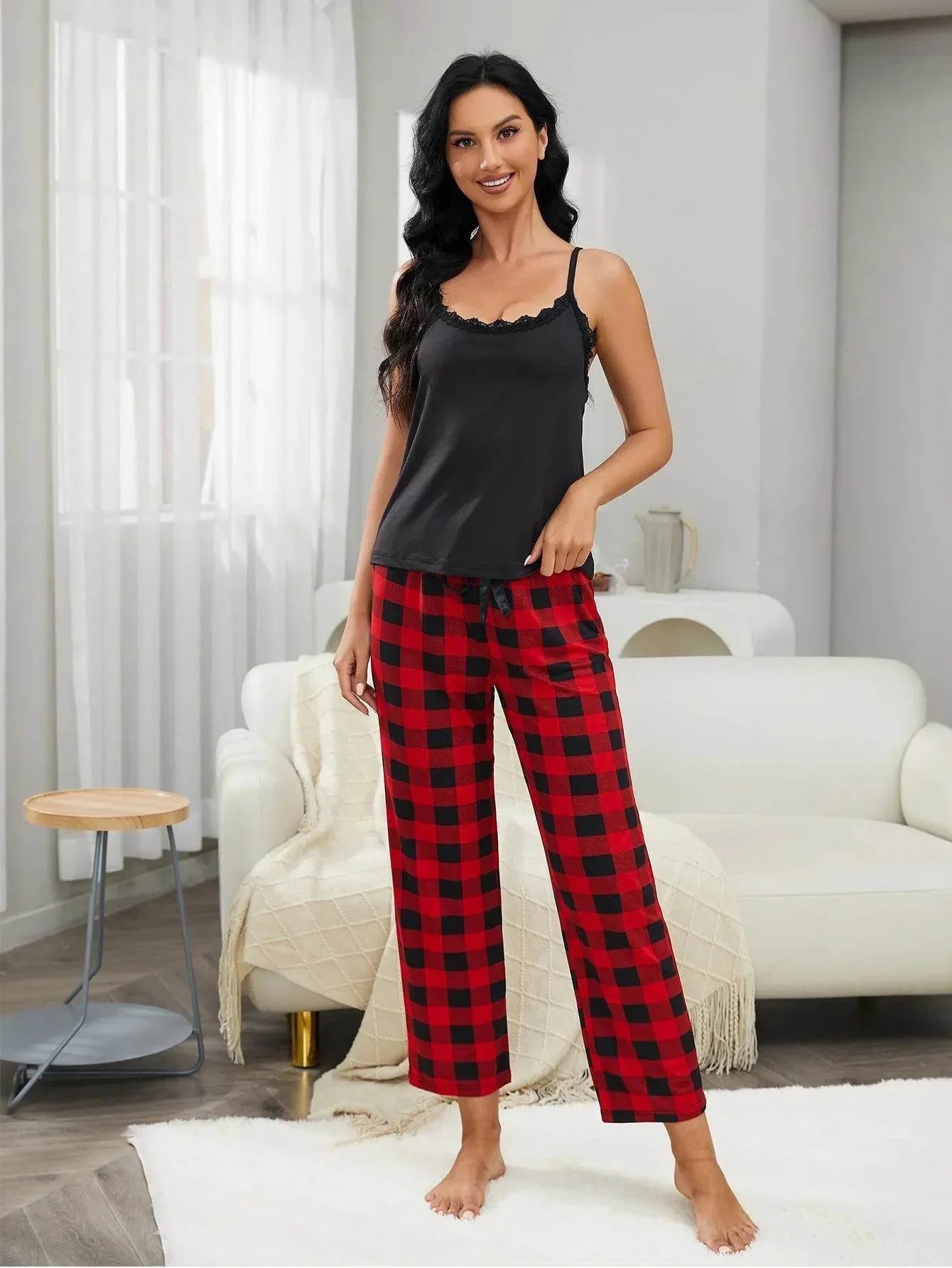Lace Trim and Plaid Pants Lounge Set - Bona Fide Fashion