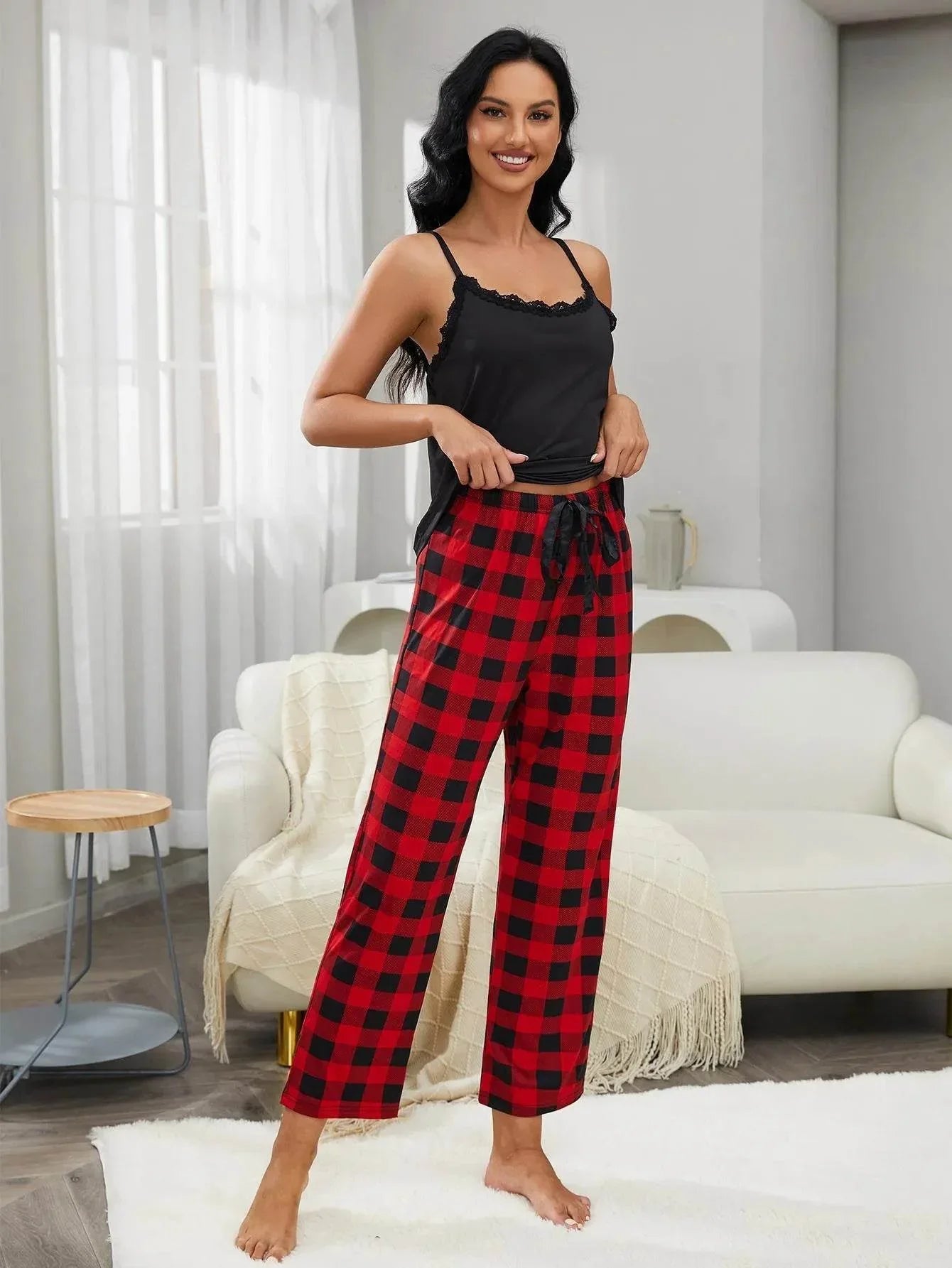 Lace Trim and Plaid Pants Lounge Set - Bona Fide Fashion