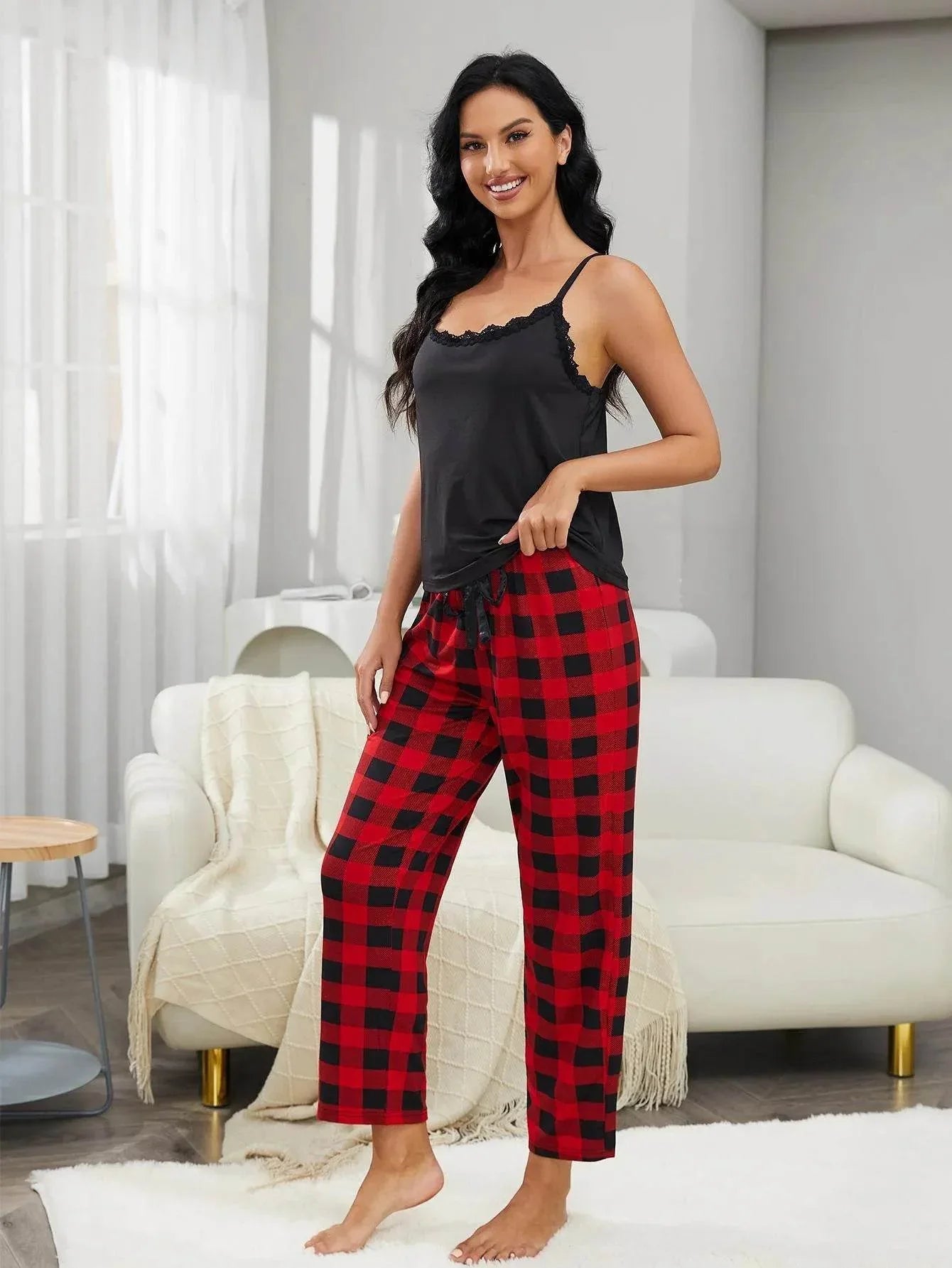 Lace Trim and Plaid Pants Lounge Set - Bona Fide Fashion