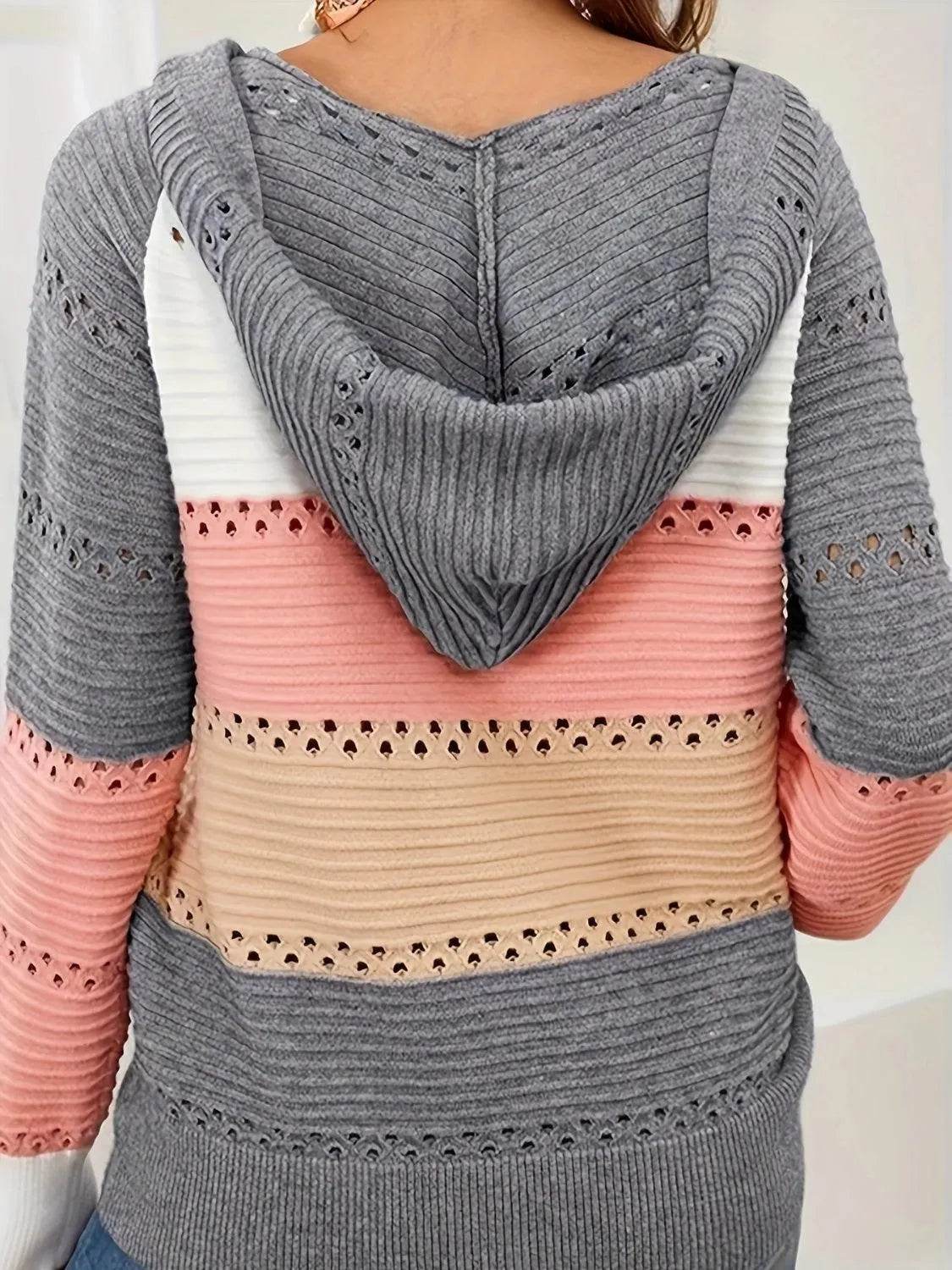 Lace-Up Contrast Long Sleeve Hooded Sweater - Bona Fide Fashion - Bona Fide Fashion
