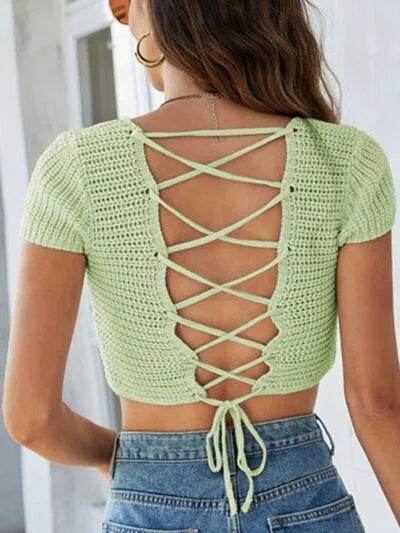 Lace-Up Openwork Square Neck Sweater - Bona Fide Fashion