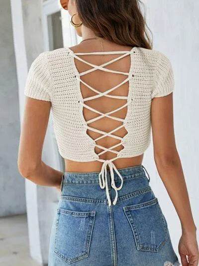 Lace-Up Openwork Square Neck Sweater - Bona Fide Fashion