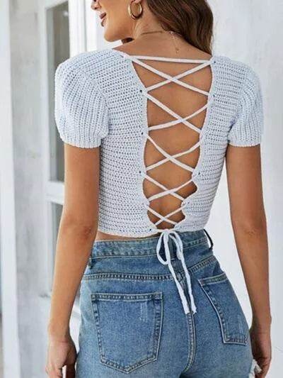 Lace-Up Openwork Square Neck Sweater - Bona Fide Fashion