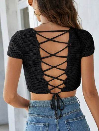 Lace-Up Openwork Square Neck Sweater - Bona Fide Fashion