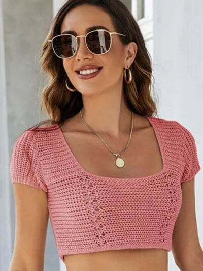 Lace-Up Openwork Square Neck Sweater - Bona Fide Fashion