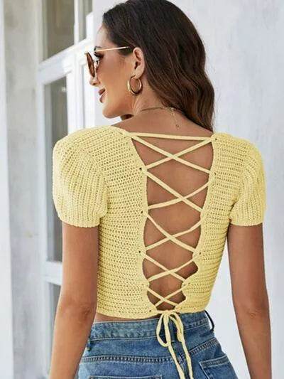 Lace-Up Openwork Square Neck Sweater - Bona Fide Fashion