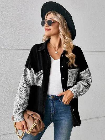 Leopard Button Up Denim Jacket - Bona Fide Fashion