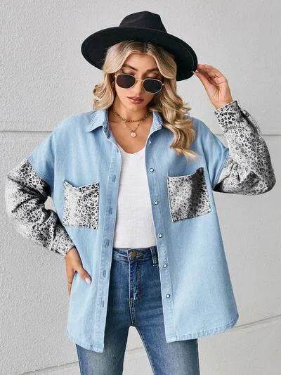 Leopard Button Up Denim Jacket - Bona Fide Fashion