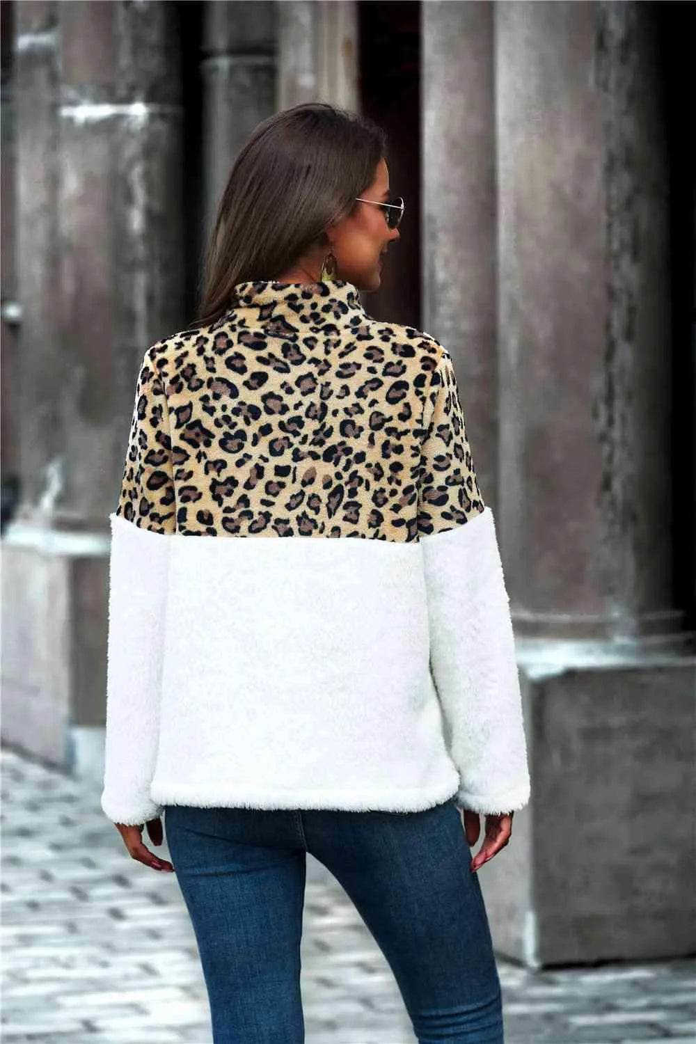 Leopard Color Block Half-Zip Collar Teddy Sweatshirt - Bona Fide Fashion