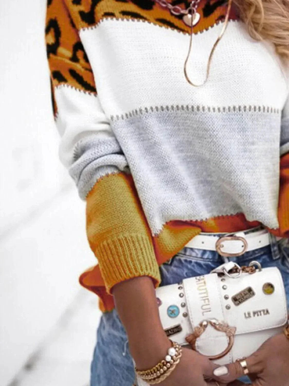 Leopard Color Block Round Neck Long Sleeve Sweater - Bona Fide Fashion