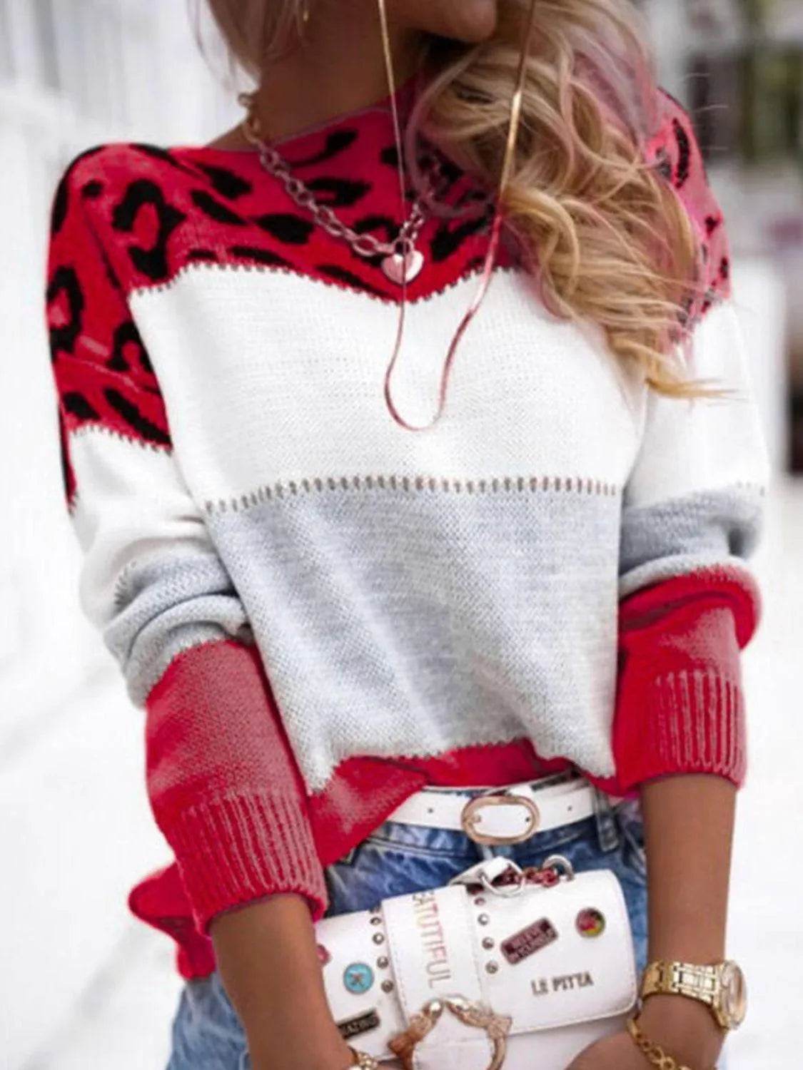 Leopard Color Block Round Neck Long Sleeve Sweater - Bona Fide Fashion