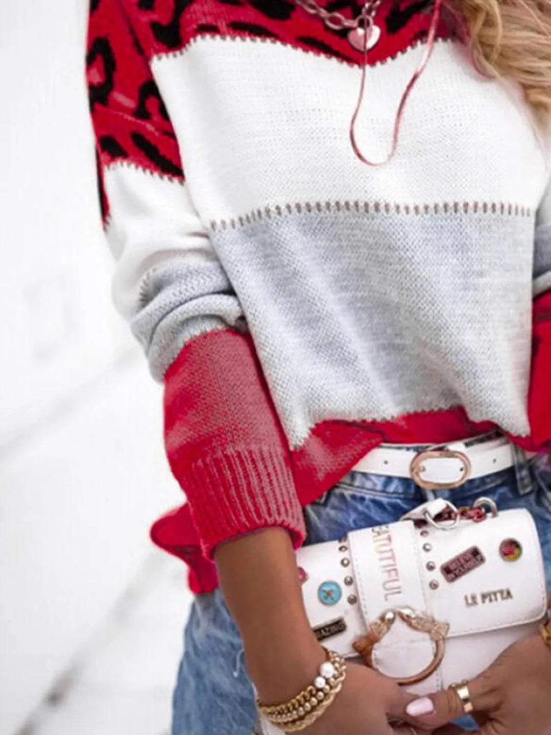 Leopard Color Block Round Neck Long Sleeve Sweater - Bona Fide Fashion