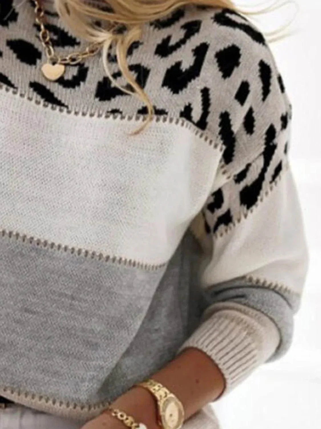 Leopard Color Block Round Neck Long Sleeve Sweater - Bona Fide Fashion