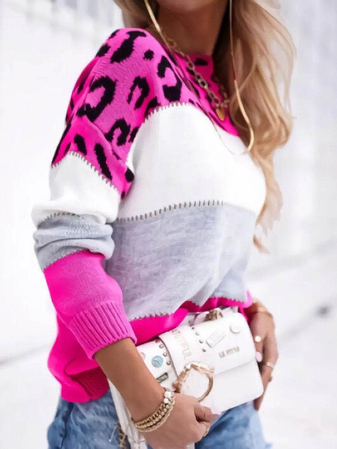 Leopard Color Block Round Neck Long Sleeve Sweater - Bona Fide Fashion