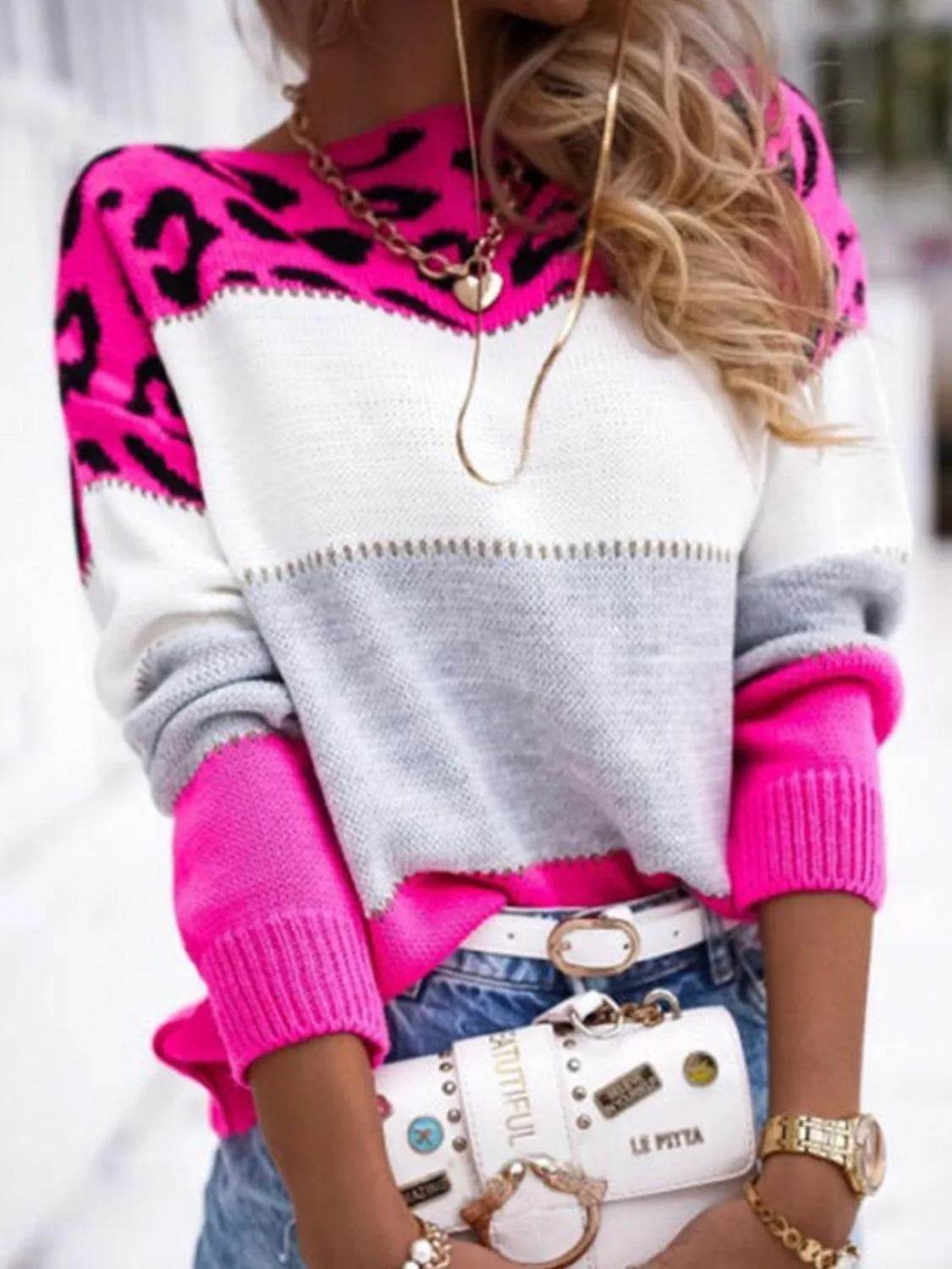 Leopard Color Block Round Neck Long Sleeve Sweater - Bona Fide Fashion