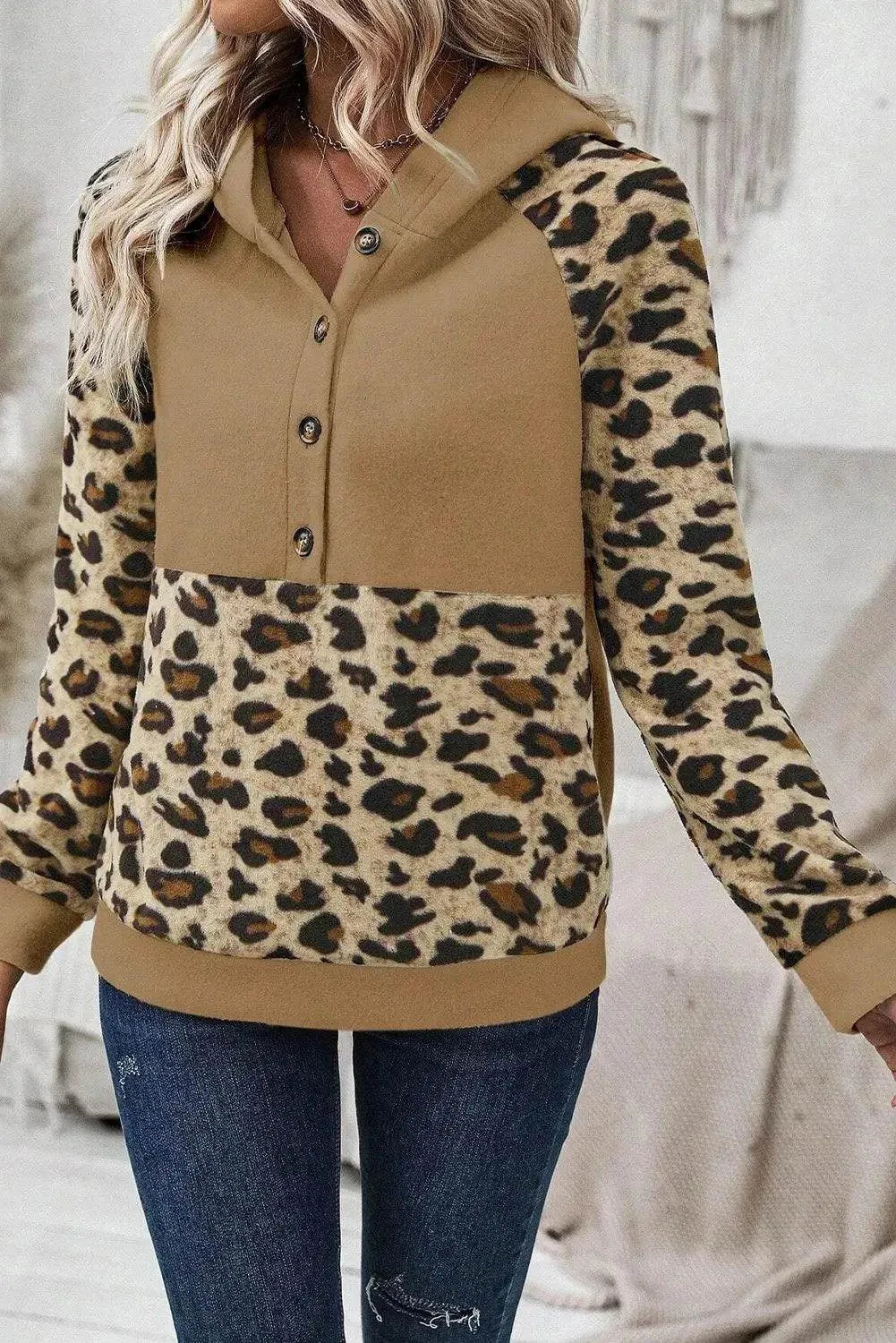 Leopard Half Button Long Sleeve Hoodie - Bona Fide Fashion