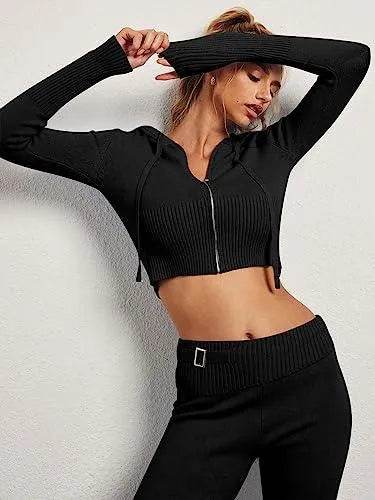 LILLUSORY Black 2 Piece Outfits For Women 2023 Fall Fashion Casual Trendy Sexy Y2K Clothes Sweatsuit Sweat Suit Matching Loungewear Lounge Pants Hoodies Sweatshirt Sweater Sets - Bona Fide Fashion