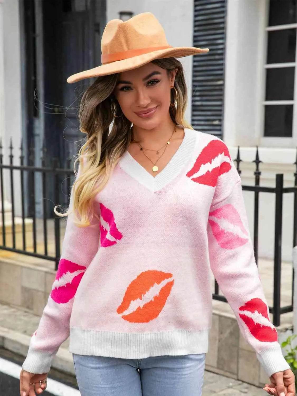 Lip V-Neck Drop Shoulder Sweater - Bona Fide Fashion