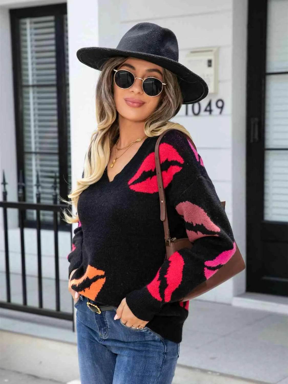 Lip V-Neck Drop Shoulder Sweater - Bona Fide Fashion