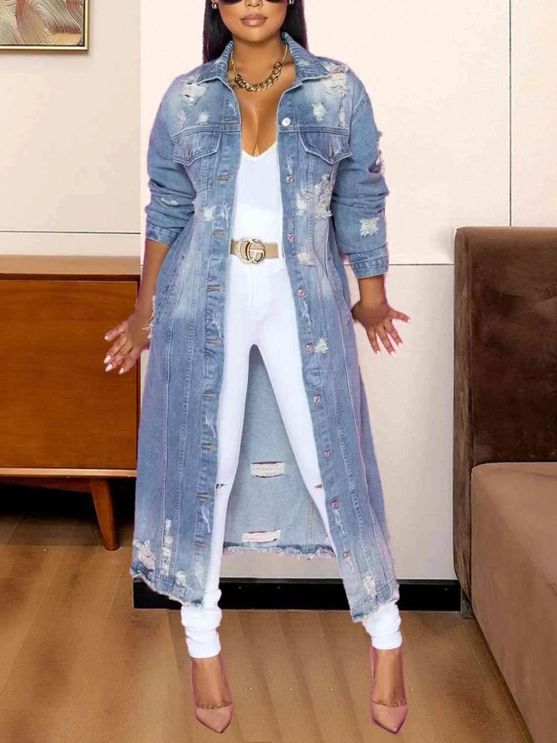 Long Sleeve Raw Hem Denim Jacket - Bona Fide Fashion