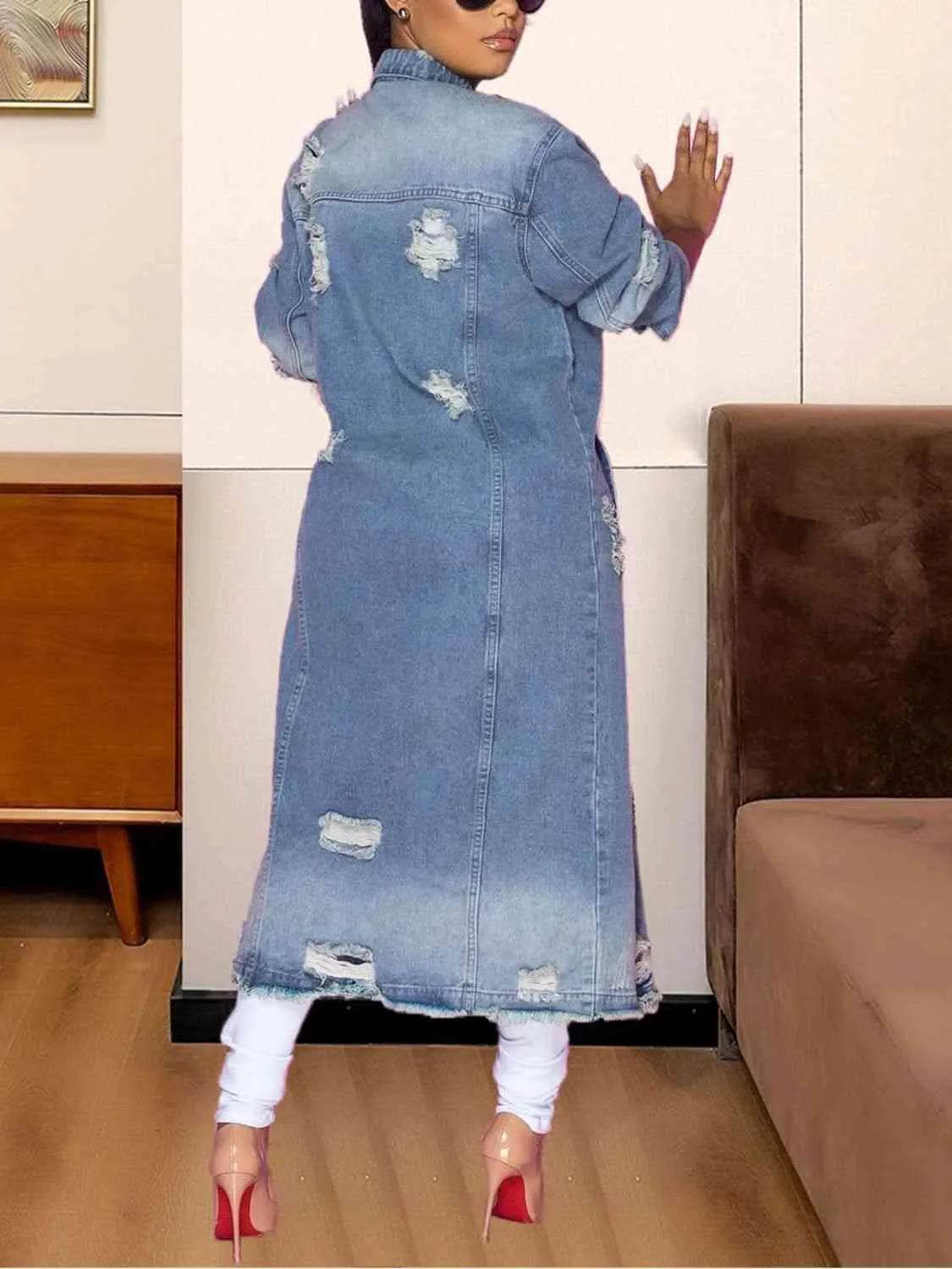 Long Sleeve Raw Hem Denim Jacket - Bona Fide Fashion