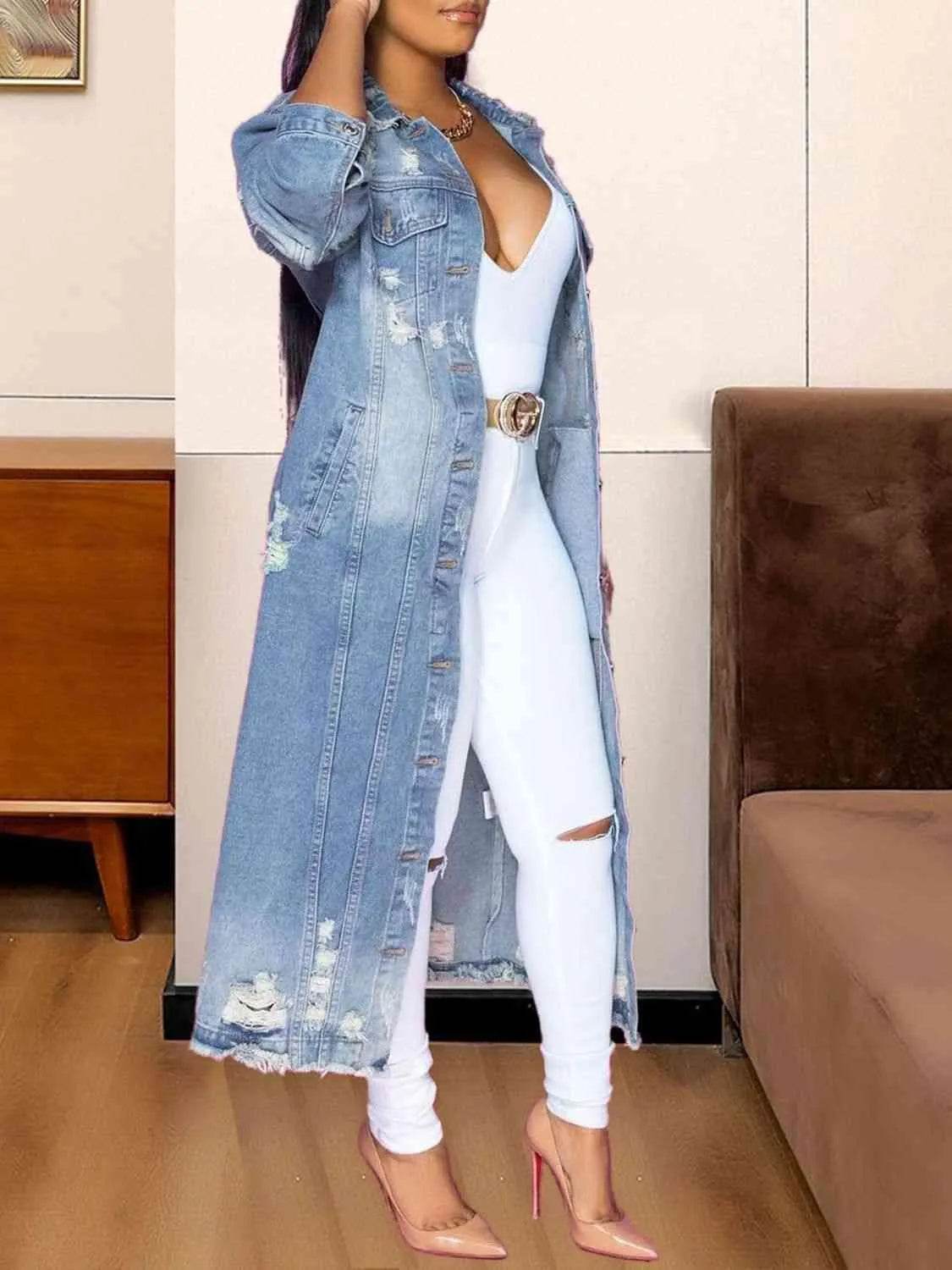 Long Sleeve Raw Hem Denim Jacket - Bona Fide Fashion