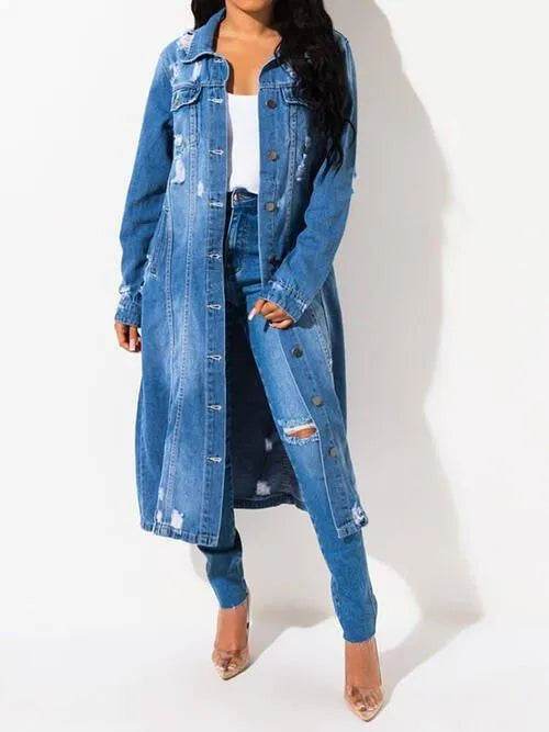 Long Sleeve Raw Hem Denim Jacket - Bona Fide Fashion