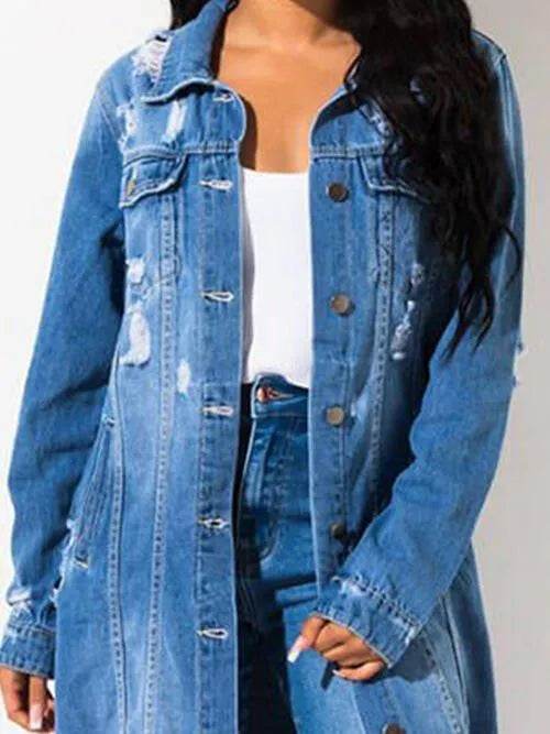 Long Sleeve Raw Hem Denim Jacket - Bona Fide Fashion