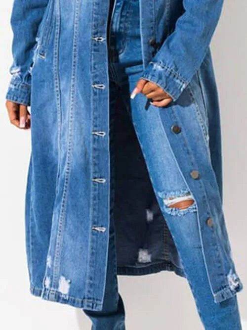 Long Sleeve Raw Hem Denim Jacket - Bona Fide Fashion