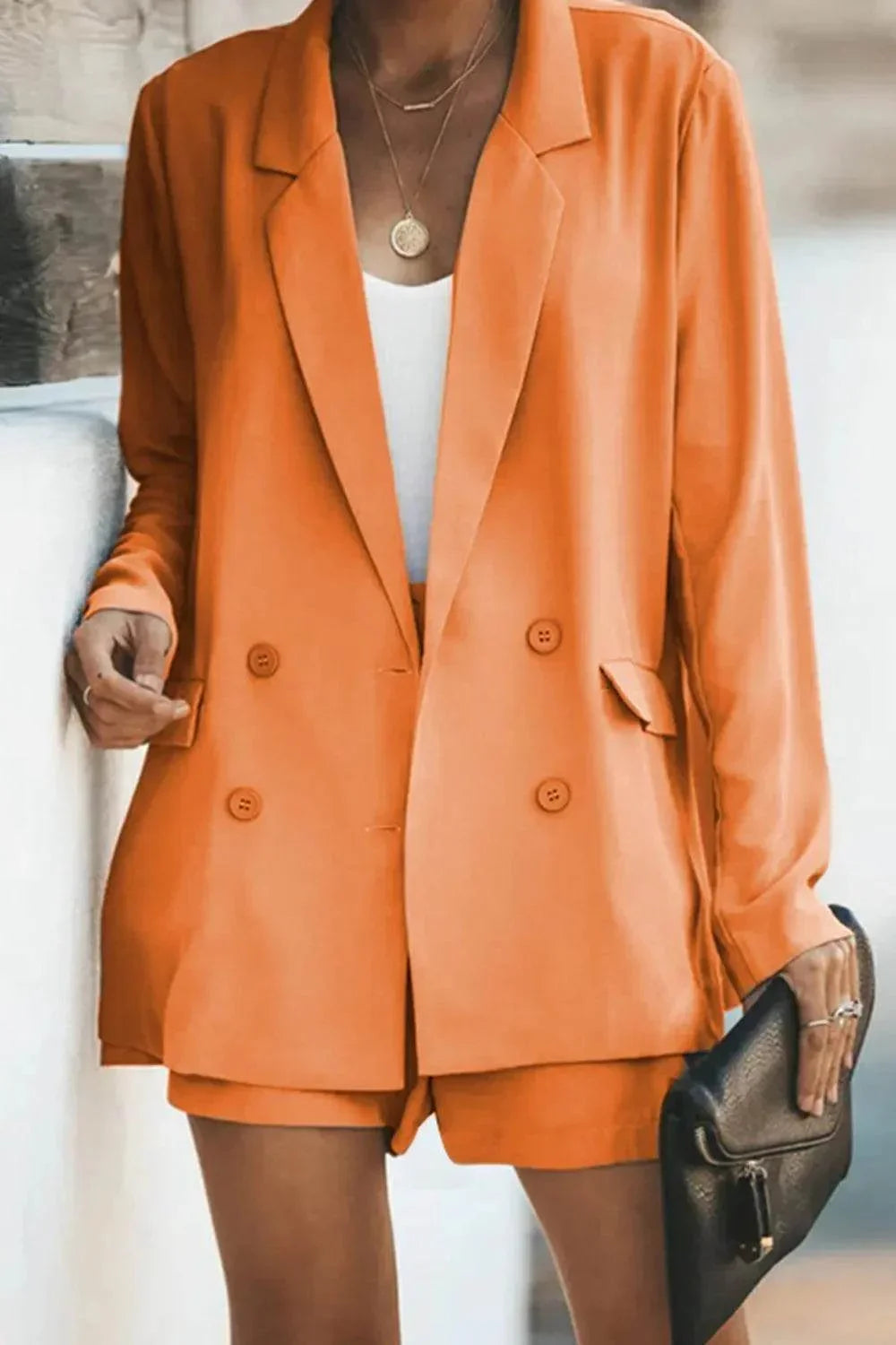 Longline Blazer and Shorts Set with Pockets - Bona Fide Fashion