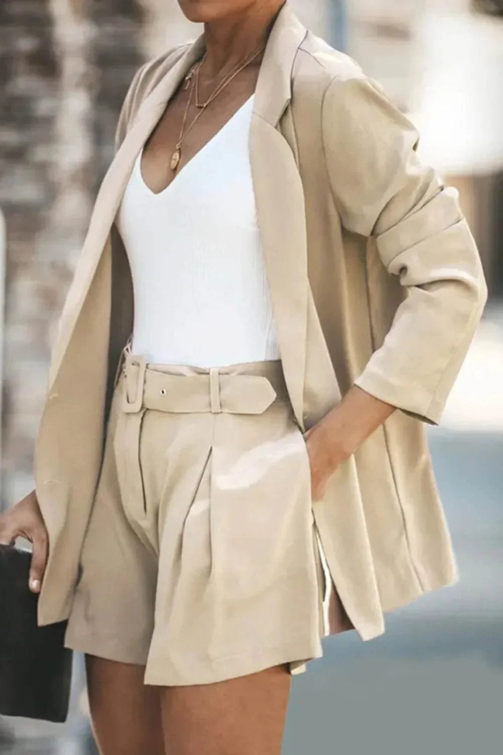 Longline Blazer and Shorts Set with Pockets - Bona Fide Fashion