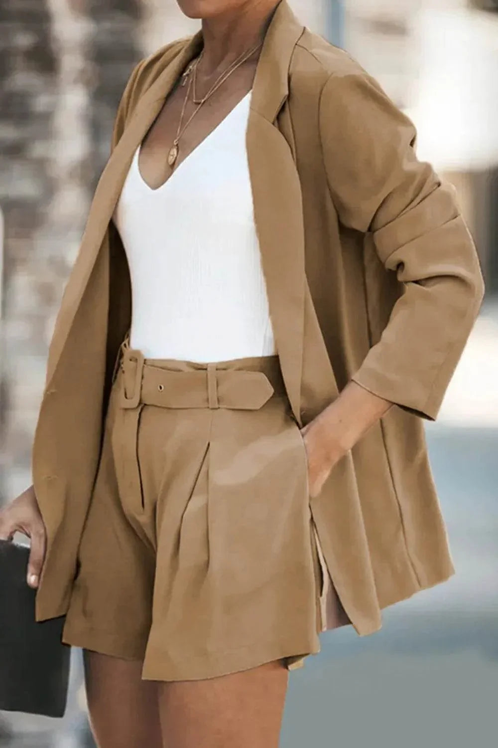Longline Blazer and Shorts Set with Pockets - Bona Fide Fashion