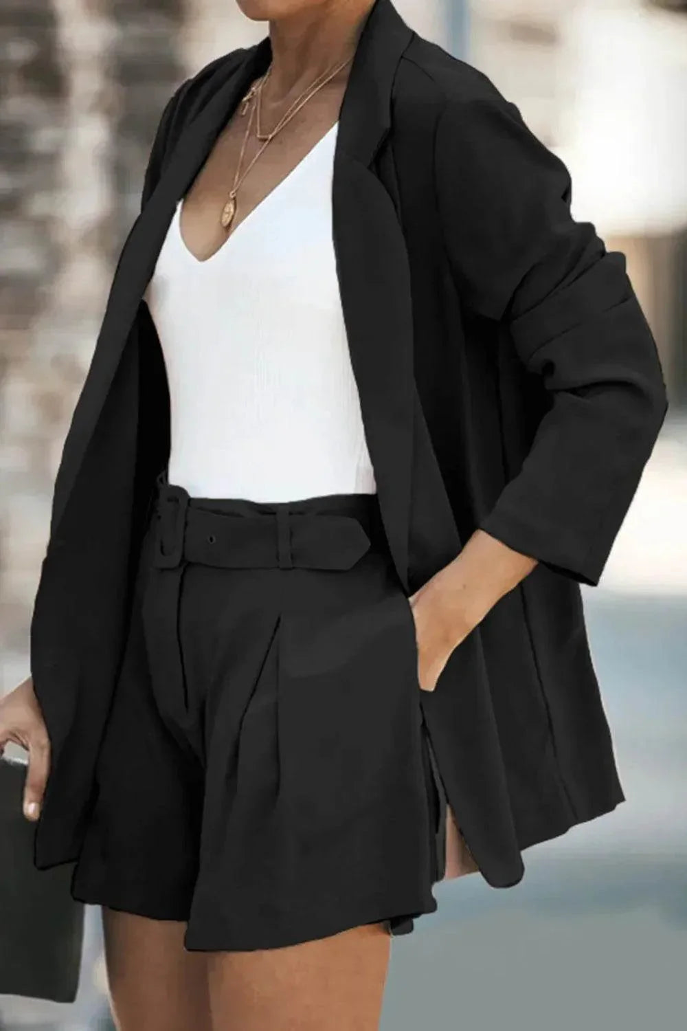 Longline Blazer and Shorts Set with Pockets - Bona Fide Fashion
