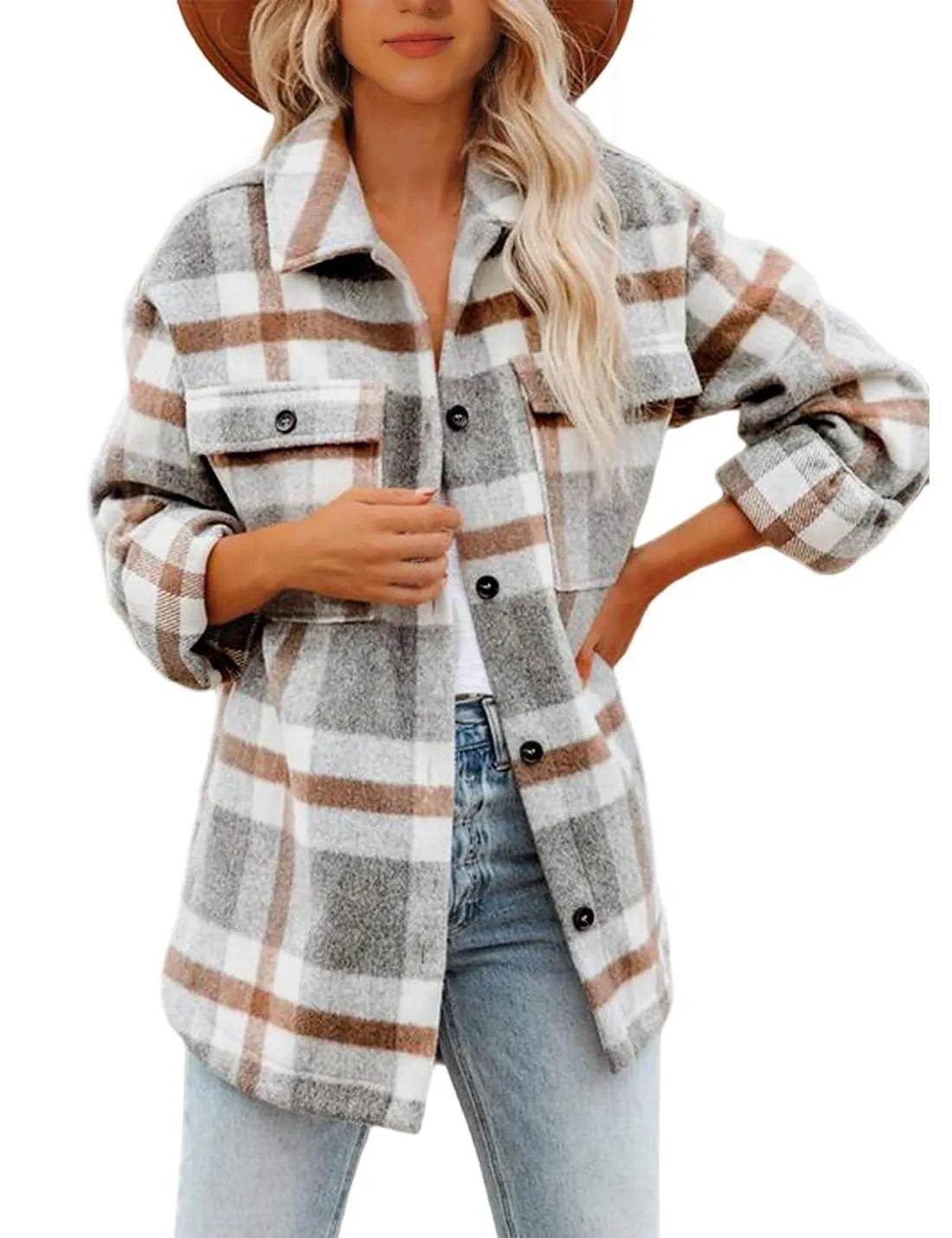 Lviefent Womens Casual Wool Blend Plaid Flannel Shackets Jacket Button Down Shirt Coat (Z-Grey, Small) - Bona Fide Fashion
