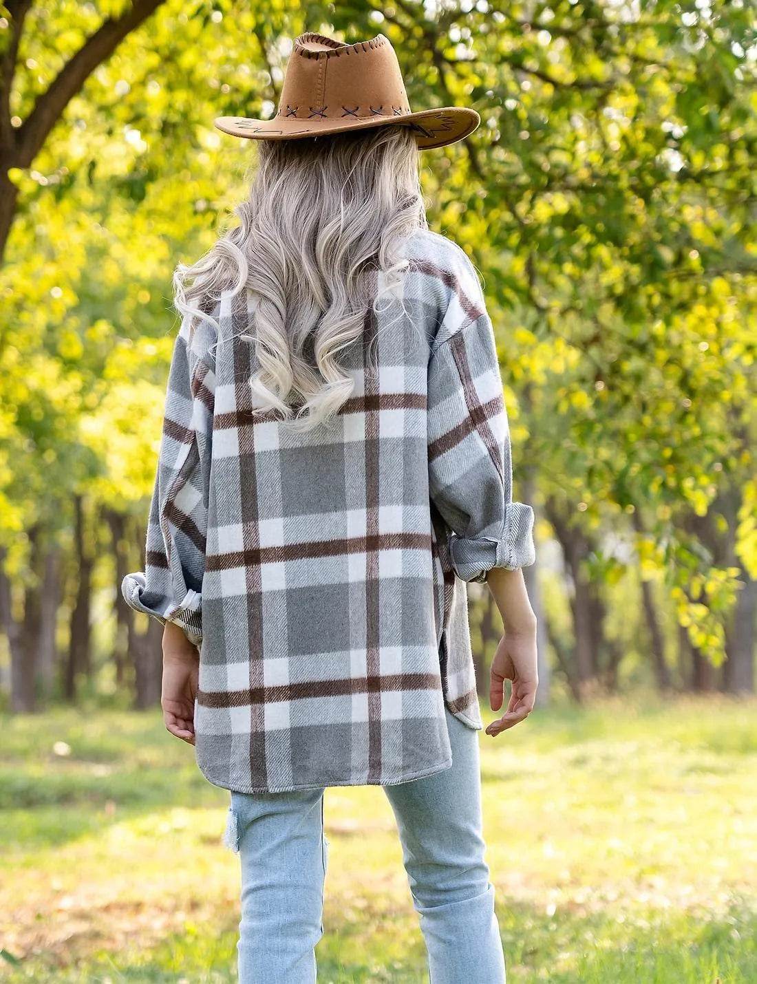 Lviefent Womens Casual Wool Blend Plaid Flannel Shackets Jacket Button Down Shirt Coat (Z-Grey, Small) - Bona Fide Fashion