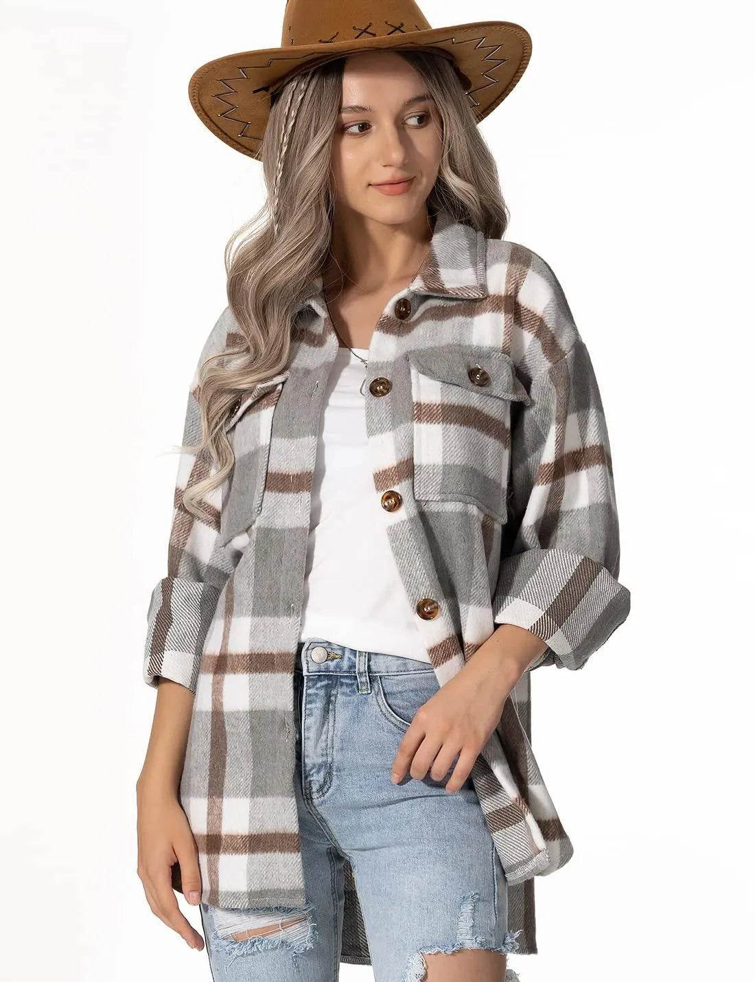 Lviefent Womens Casual Wool Blend Plaid Flannel Shackets Jacket Button Down Shirt Coat (Z-Grey, Small) - Bona Fide Fashion