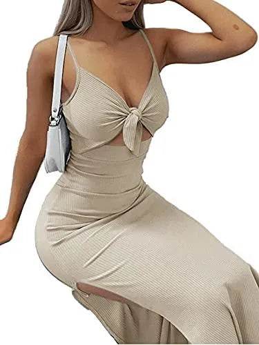 LYANER Women's Tie Knot Cut Out Side Split Hem Sleeveless Knit Bodycon Maxi Dress Beige Medium - Bona Fide Fashion