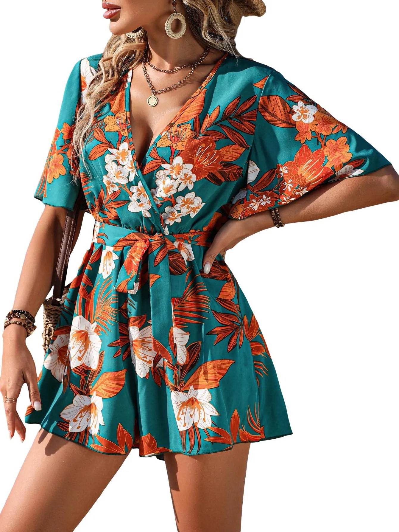 MakeMeChic Women's Boho Floral Flutter Short Sleeve Surplice Neck High Waist Wide Leg Romper Shorts Jumpsuit Teal Blue L - Bona Fide Fashion