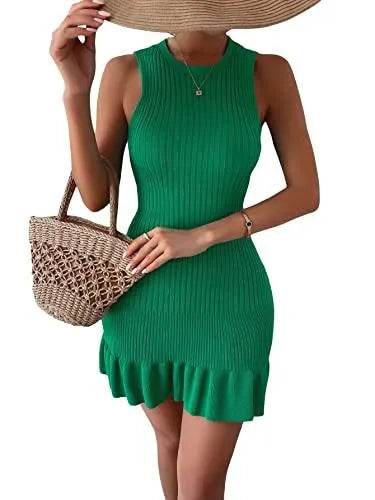MakeMeChic Women's Sleeveless Ruffle Hem Ribbed Knit Mini Bodycon Sweater Dress Green M - Bona Fide Fashion
