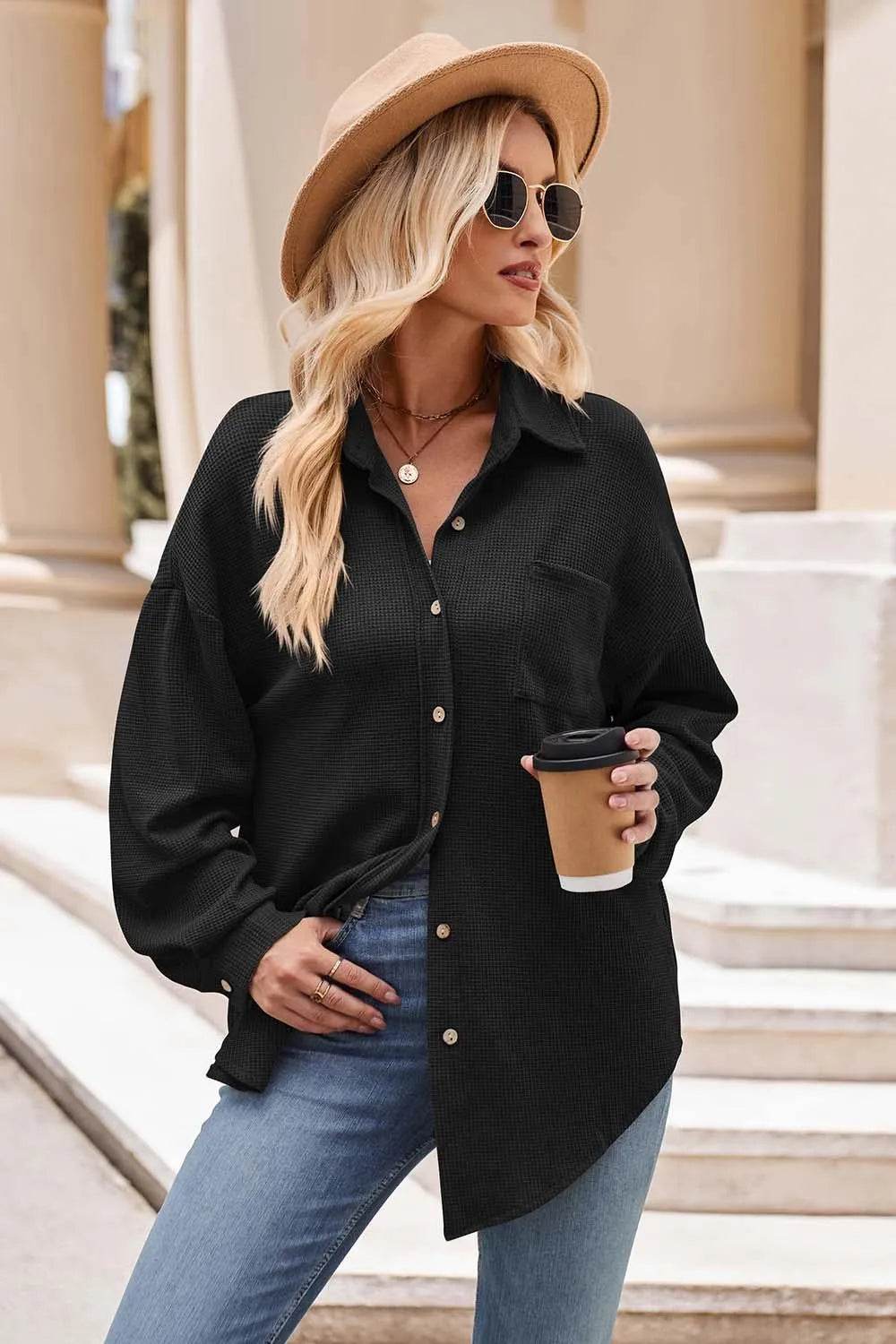 Mandy Collared Neck Dropped Shoulder Shirt - Bona Fide Fashion
