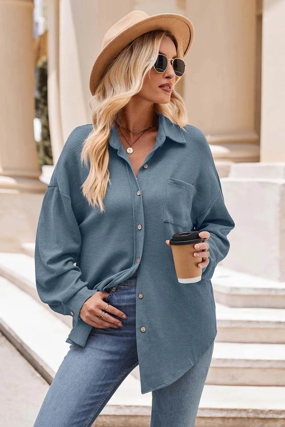 Mandy Collared Neck Dropped Shoulder Shirt - Bona Fide Fashion