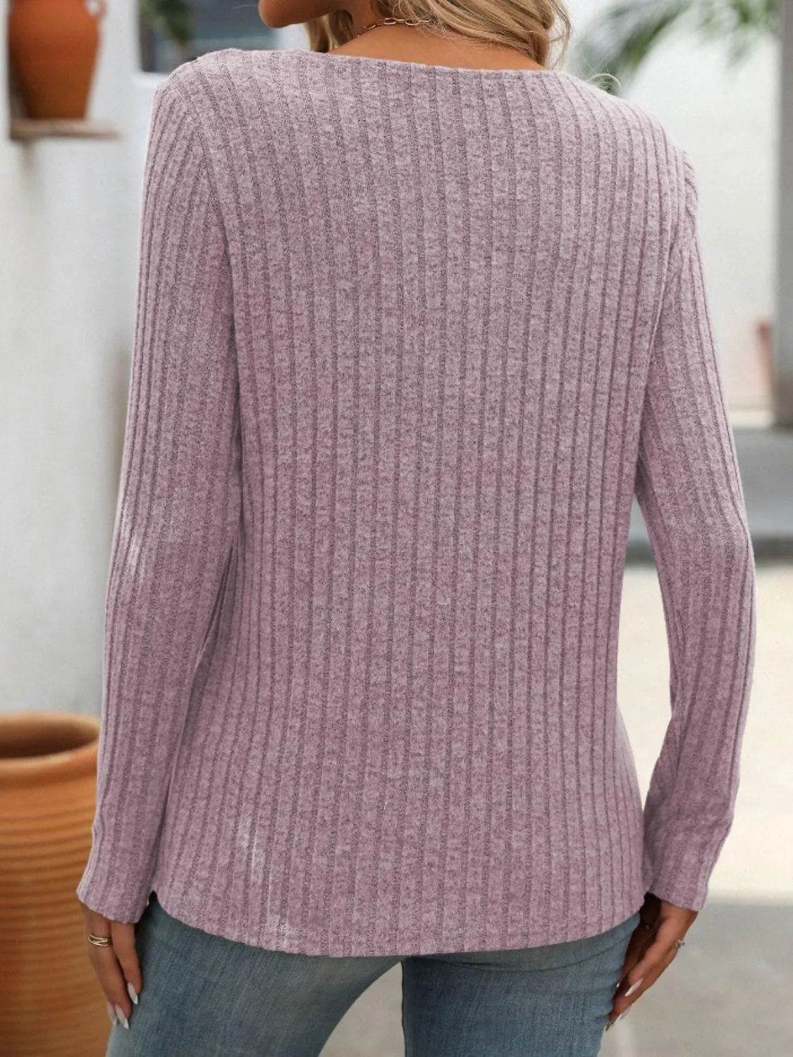 Mandy Ribbed V-Neck Long Sleeve T-Shirt - Bona Fide Fashion