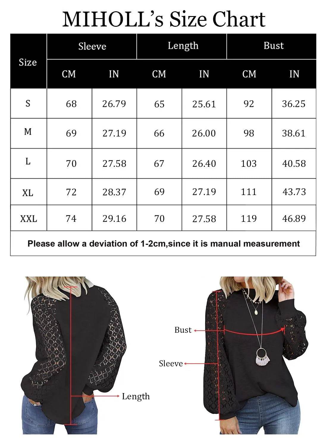MIHOLL Women's Long Sleeve Tops Lace Casual Loose Blouses T Shirts (Black, Large) - Bona Fide Fashion