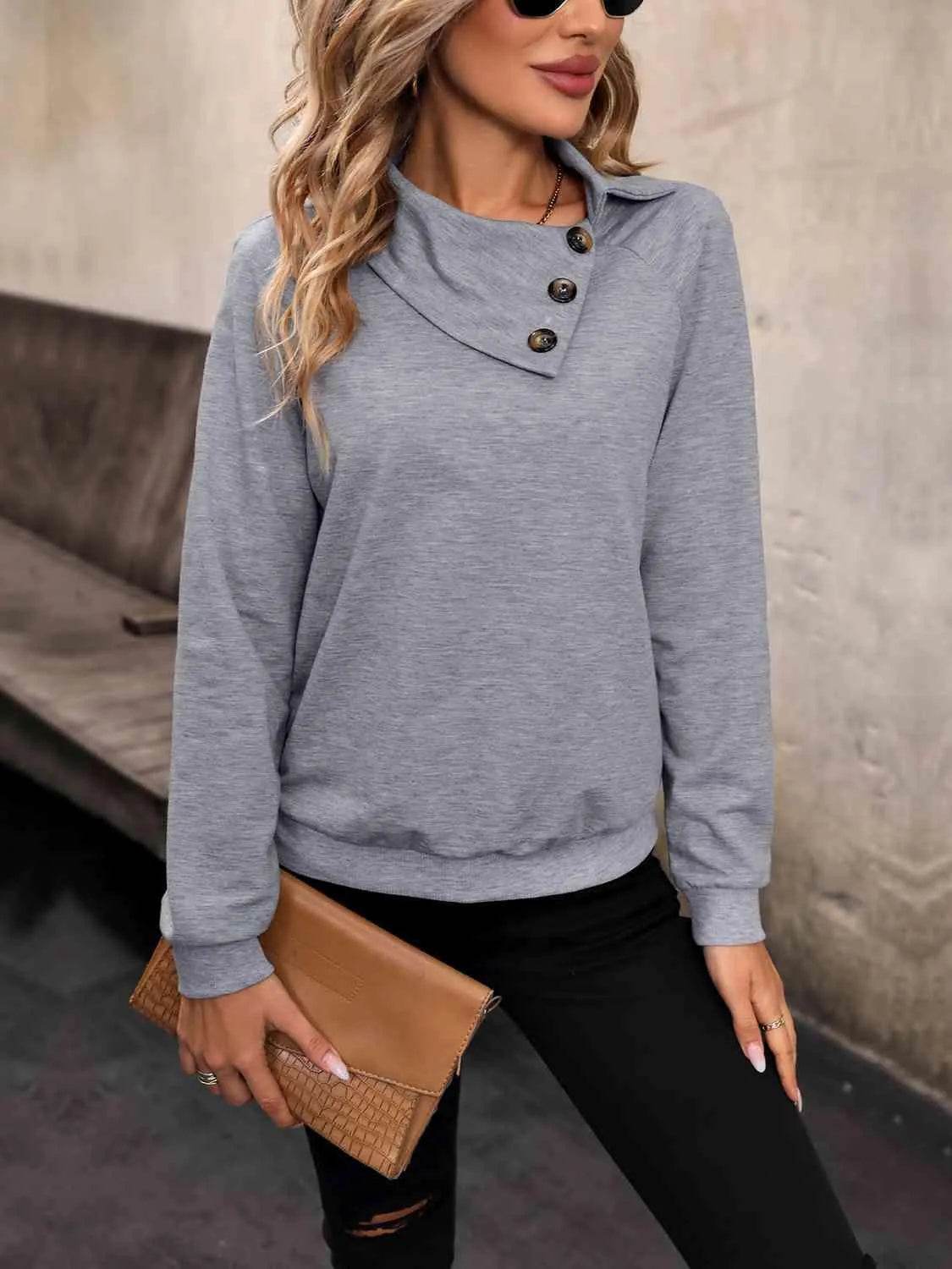Mock Neck Raglan Sleeve Buttoned Sweatshirt - Bona Fide Fashion